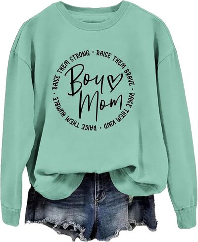 سويت شيرت Boy Mom للنساء بأكمام طويلة بلوفر Boy Mama، سويت شيرت كاجوال فضفاض خفيف الوزن برقبة مستديرة للخريف in Kuwait