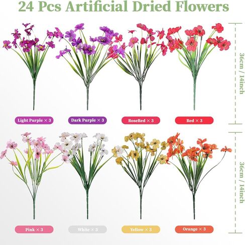24 Bundles Artificial Flowers for Outdoors/Indoor, No Fade Fake Flowers Plants, Uv Resistant Artificial Outdoor Flowers for Garden Porch Window Box Home Farmhouse Wedding(8 Color) in Kuwait