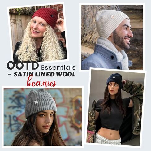 Hat Hut Wool Beanie Satin Lined Winter Hats Slouchy Beanie with Silk Lining Warm Wool Knit Ski Hat Cuffed Cap Women Men in Kuwait
