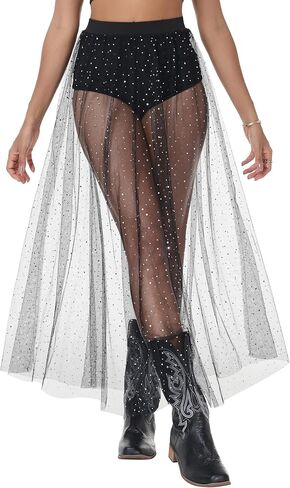 Rave Outfits for Women 2-in-1 Gothic Sheer Skirt, Sexy High Waist Flare Clubwear, Festival Foil A Line Lace Maxi Skirt in Kuwait