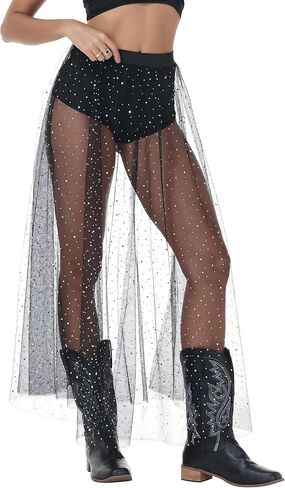 Rave Outfits for Women 2-in-1 Gothic Sheer Skirt, Sexy High Waist Flare Clubwear, Festival Foil A Line Lace Maxi Skirt in Kuwait