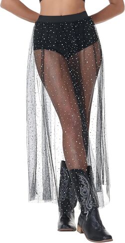 Rave Outfits for Women 2-in-1 Gothic Sheer Skirt, Sexy High Waist Flare Clubwear, Festival Foil A Line Lace Maxi Skirt in Kuwait