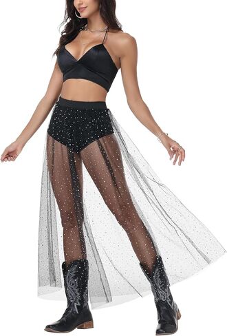 Rave Outfits for Women 2-in-1 Gothic Sheer Skirt, Sexy High Waist Flare Clubwear, Festival Foil A Line Lace Maxi Skirt in Kuwait