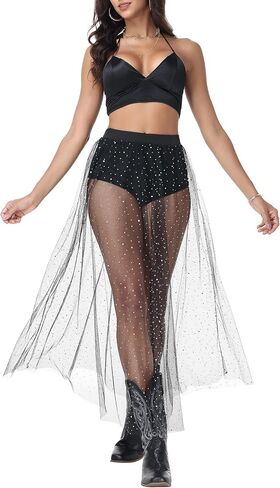 Rave Outfits for Women 2-in-1 Gothic Sheer Skirt, Sexy High Waist Flare Clubwear, Festival Foil A Line Lace Maxi Skirt in Kuwait