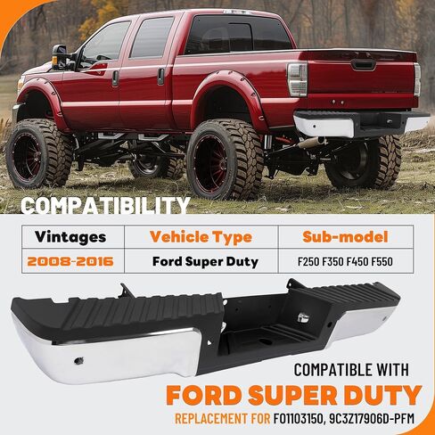 مجموعة ممتص الصدمات الخلفي من KUAFU متوافقة مع 2008-2016 Ford F250 F350 F450 F550 Super Duty FO1103150، 9C3Z17906D-PFM مع فتحات المستشعر، لوحة الترخيص وأضواء LED كروم in Saudi Arabia