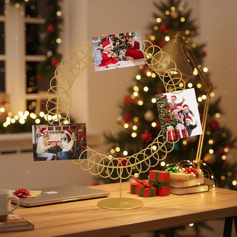 Metal Christmas Card Holder Wreath Xmas Card Display Spiral Photo Holder Decorative Tabletop Photo Rack Spiral Wreath for Holiday Party Picture Table Gift(Gold,Round) in Saudi Arabia
