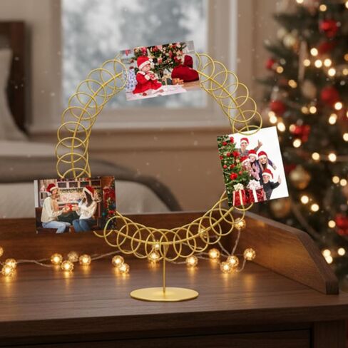 Metal Christmas Card Holder Wreath Xmas Card Display Spiral Photo Holder Decorative Tabletop Photo Rack Spiral Wreath for Holiday Party Picture Table Gift(Gold,Round) in Saudi Arabia
