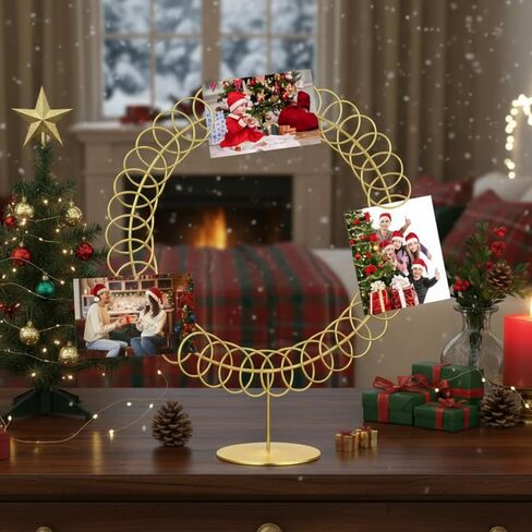 Metal Christmas Card Holder Wreath Xmas Card Display Spiral Photo Holder Decorative Tabletop Photo Rack Spiral Wreath for Holiday Party Picture Table Gift(Gold,Round) in Saudi Arabia