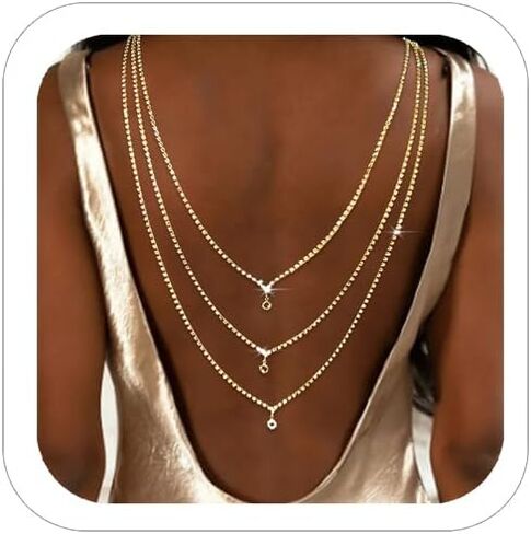 Rhinestone Layers Back Necklace Chains for Backless Dress Shinny Bridal Wedding Shoulder Body Jewelry for Women Back Body Chain in Kuwait