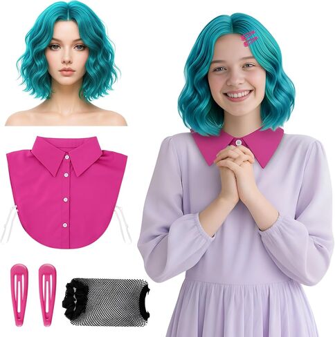 Taiyin 3 Pcs Short Green Blue Curly Wavy Wig with 2 Rose Red Hairpin and Fake Collar for Halloween Costume Adult Halloween Team Costume in Saudi Arabia