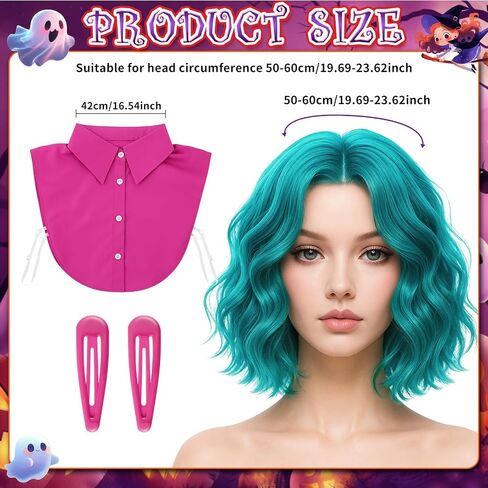 Taiyin 3 Pcs Short Green Blue Curly Wavy Wig with 2 Rose Red Hairpin and Fake Collar for Halloween Costume Adult Halloween Team Costume in Saudi Arabia