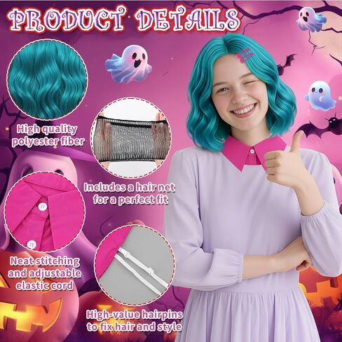 Taiyin 3 Pcs Short Green Blue Curly Wavy Wig with 2 Rose Red Hairpin and Fake Collar for Halloween Costume Adult Halloween Team Costume in Saudi Arabia