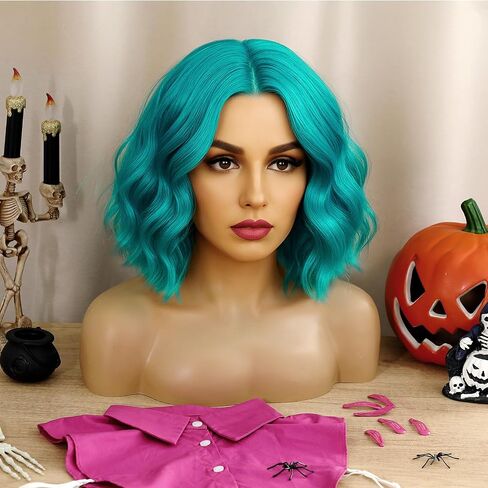 Taiyin 3 Pcs Short Green Blue Curly Wavy Wig with 2 Rose Red Hairpin and Fake Collar for Halloween Costume Adult Halloween Team Costume in Saudi Arabia