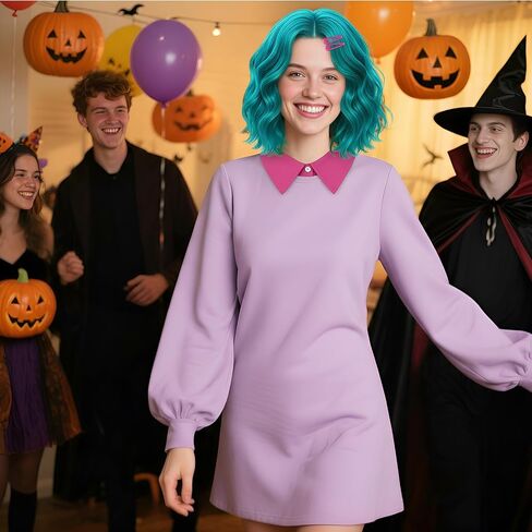 Taiyin 3 Pcs Short Green Blue Curly Wavy Wig with 2 Rose Red Hairpin and Fake Collar for Halloween Costume Adult Halloween Team Costume in Saudi Arabia