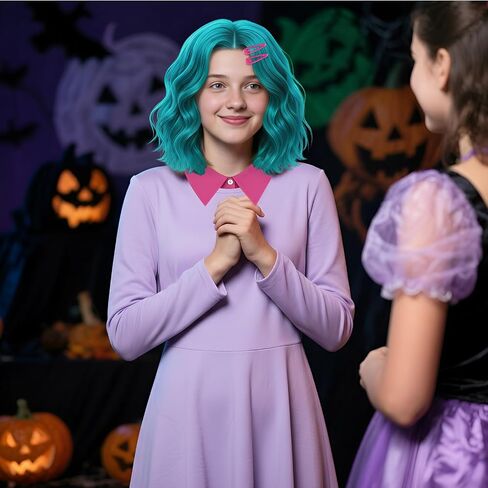 Taiyin 3 Pcs Short Green Blue Curly Wavy Wig with 2 Rose Red Hairpin and Fake Collar for Halloween Costume Adult Halloween Team Costume in Saudi Arabia