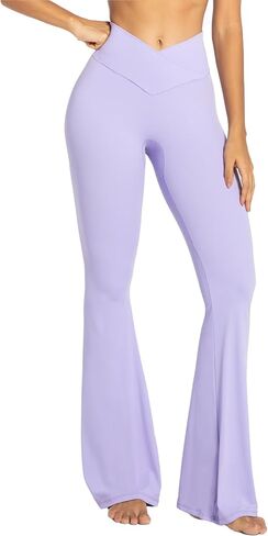 Sunzel Flare Leggings، سروال يوجا متقاطع مع تحكم في البطن، خصر عالٍ وساق واسعة، بدون درزات أمامية أرجواني كبير 34 بوصة درزة داخلية in Saudi Arabia