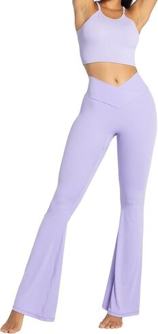 Sunzel Flare Leggings، سروال يوجا متقاطع مع تحكم في البطن، خصر عالٍ وساق واسعة، بدون درزات أمامية أرجواني كبير 34 بوصة درزة داخلية in Saudi Arabia