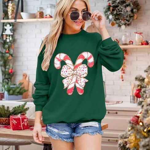 FASHGL بلوزات نسائية عتيقة لأعياد الميلاد، سويت شيرت برسومات حلوى قصب، قميص بأكمام طويلة لعيد الميلاد، بلوفر علوي in Kuwait