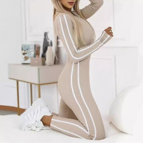 Women's Slim Fit Side Web Half-Zip Jumpsuit,Women's Fashion and Sexy Yoga Jumpsuit White Striped Sports Jumpsuit in Saudi Arabia