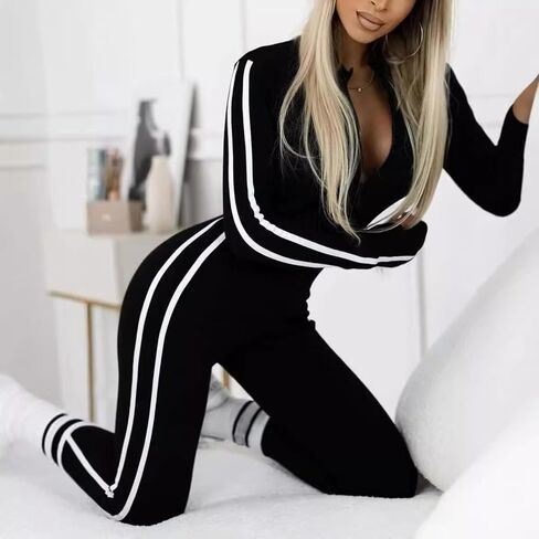Women's Slim Fit Side Web Half-Zip Jumpsuit,Women's Fashion and Sexy Yoga Jumpsuit White Striped Sports Jumpsuit in Saudi Arabia