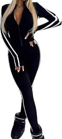 Women's Slim Fit Side Web Half-Zip Jumpsuit,Women's Fashion and Sexy Yoga Jumpsuit White Striped Sports Jumpsuit in Saudi Arabia