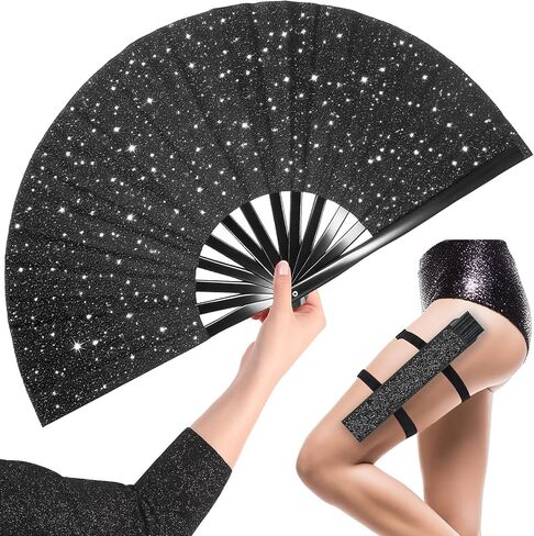 مروحة OMyTea Glitter الكبيرة Rave Clack للرقص مع الحافظة - أحذية 13 بوصة على الأرض قابلة للطي - من أجل EDM، مهرجان الموسيقى، الهبات الساخنة، الحفلات، الديكور (أسود) in Kuwait