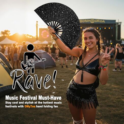 مروحة OMyTea Glitter الكبيرة Rave Clack للرقص مع الحافظة - أحذية 13 بوصة على الأرض قابلة للطي - من أجل EDM، مهرجان الموسيقى، الهبات الساخنة، الحفلات، الديكور (أسود) in Kuwait