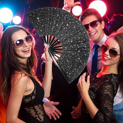 مروحة OMyTea Glitter الكبيرة Rave Clack للرقص مع الحافظة - أحذية 13 بوصة على الأرض قابلة للطي - من أجل EDM، مهرجان الموسيقى، الهبات الساخنة، الحفلات، الديكور (أسود) in Kuwait