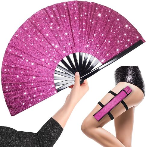 مروحة OMyTea Glitter الكبيرة Rave Clack للرقص مع الحافظة - أحذية 13 بوصة على الأرض قابلة للطي - من أجل EDM، مهرجان الموسيقى، الهبات الساخنة، الحفلات، الديكور (أسود) in Kuwait