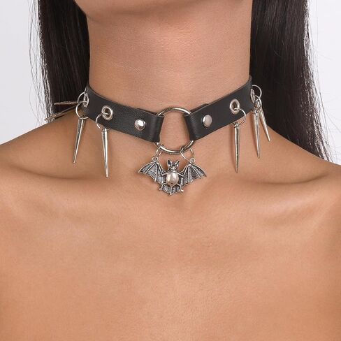 Spiked Choker for Women Goth Black Leather Spike Choker Collar Punk Spider Bat Pendant Necklace Halloween Costumes Cosplay Accessories in Saudi Arabia