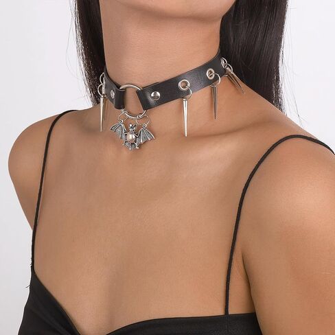 Spiked Choker for Women Goth Black Leather Spike Choker Collar Punk Spider Bat Pendant Necklace Halloween Costumes Cosplay Accessories in Saudi Arabia