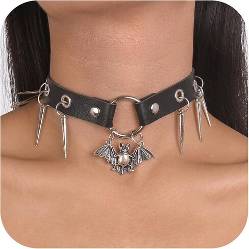 Spiked Choker for Women Goth Black Leather Spike Choker Collar Punk Spider Bat Pendant Necklace Halloween Costumes Cosplay Accessories in Saudi Arabia