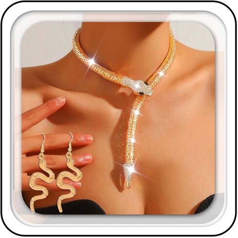 مجموعة مجوهرات فاشي ثعبان قلادة ذهبية وأقراط زي ثعبان ميدوسا إكسسوارات هولوين للنساء in Kuwait