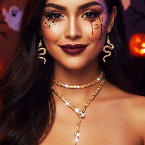 مجموعة مجوهرات فاشي ثعبان قلادة ذهبية وأقراط زي ثعبان ميدوسا إكسسوارات هولوين للنساء in Kuwait