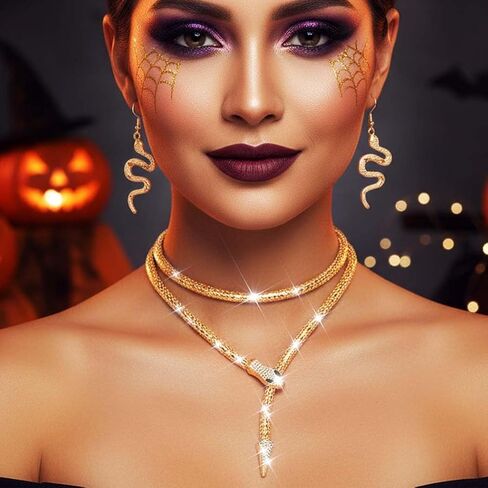 مجموعة مجوهرات فاشي ثعبان قلادة ذهبية وأقراط زي ثعبان ميدوسا إكسسوارات هولوين للنساء in Kuwait