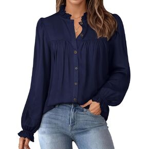 Button Down Shirts for Women Dressy Casual Long Puff Sleeve Blouses Elegant Retro Fall Pleated Tops Business Casual in Kuwait