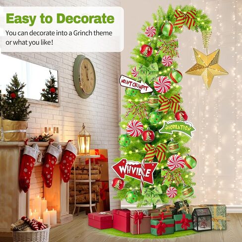 KPCB Tech Grinchs Christmas Tree 6ft with Star Topper and Skirt, Bendable Artificial Tree with Lights, Whimsical Christmas Trees Decoration with 150 LEDs in Saudi Arabia