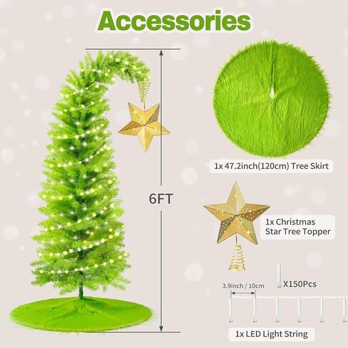 KPCB Tech Grinchs Christmas Tree 6ft with Star Topper and Skirt, Bendable Artificial Tree with Lights, Whimsical Christmas Trees Decoration with 150 LEDs in Saudi Arabia