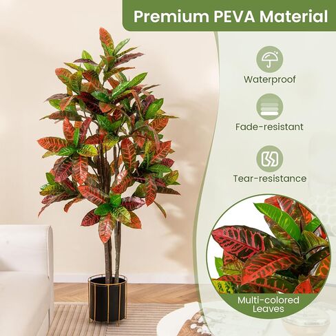 GOFLAME 40" Artificial Croton Plant, Greenery Potted Plant with Colorful Leaves, Natural Wood Trunks, Real Touch Fake Silk Plants, Faux Croton Palm Tree in Pot for Home Office Patio in Saudi Arabia