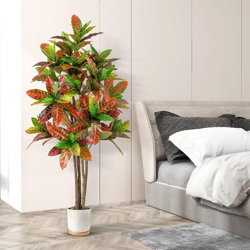 GOFLAME 40" Artificial Croton Plant, Greenery Potted Plant with Colorful Leaves, Natural Wood Trunks, Real Touch Fake Silk Plants, Faux Croton Palm Tree in Pot for Home Office Patio in Saudi Arabia