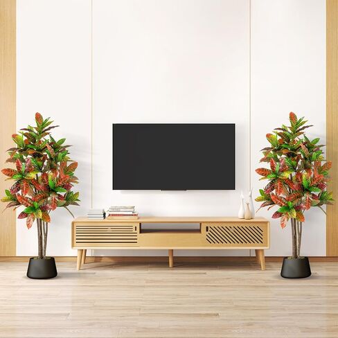 GOFLAME 40" Artificial Croton Plant, Greenery Potted Plant with Colorful Leaves, Natural Wood Trunks, Real Touch Fake Silk Plants, Faux Croton Palm Tree in Pot for Home Office Patio in Saudi Arabia