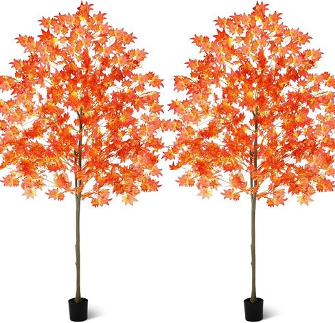 6.6FT Faux Fall Maple Tree, Tall Artificial Autumn Trees with Potted Base for Indoor Outdoor Porch Decor, Thanksgiving Halloween Wedding Party Decoration(2 Pack,Orange) in Saudi Arabia