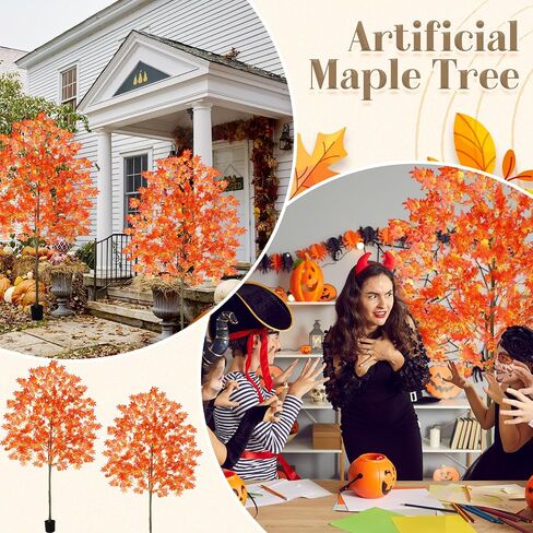 6.6FT Faux Fall Maple Tree, Tall Artificial Autumn Trees with Potted Base for Indoor Outdoor Porch Decor, Thanksgiving Halloween Wedding Party Decoration(2 Pack,Orange) in Saudi Arabia