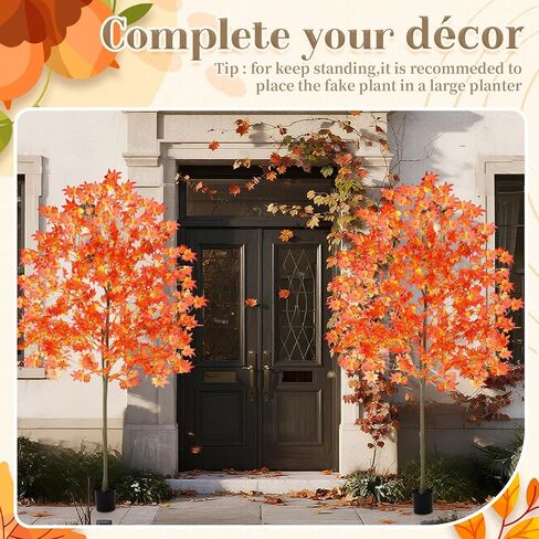 6.6FT Faux Fall Maple Tree, Tall Artificial Autumn Trees with Potted Base for Indoor Outdoor Porch Decor, Thanksgiving Halloween Wedding Party Decoration(2 Pack,Orange) in Saudi Arabia