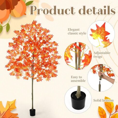 6.6FT Faux Fall Maple Tree, Tall Artificial Autumn Trees with Potted Base for Indoor Outdoor Porch Decor, Thanksgiving Halloween Wedding Party Decoration(2 Pack,Orange) in Saudi Arabia