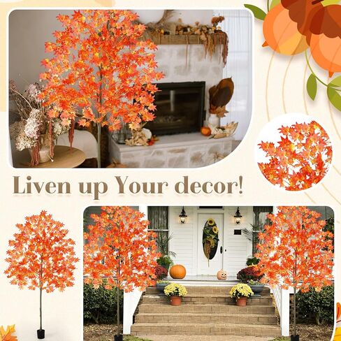 6.6FT Faux Fall Maple Tree, Tall Artificial Autumn Trees with Potted Base for Indoor Outdoor Porch Decor, Thanksgiving Halloween Wedding Party Decoration(2 Pack,Orange) in Saudi Arabia