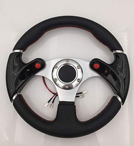 AJP Distributors Universal 6 Bolt Hole 320mm Pvc Leather Red Stitching Silver Center Black Steering Wheel Nos Nitrous Button + Blank Horn in Saudi Arabia