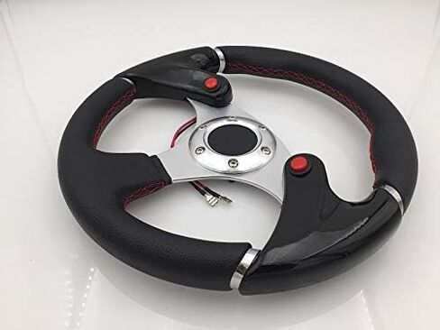 AJP Distributors Universal 6 Bolt Hole 320mm Pvc Leather Red Stitching Silver Center Black Steering Wheel Nos Nitrous Button + Blank Horn in Saudi Arabia