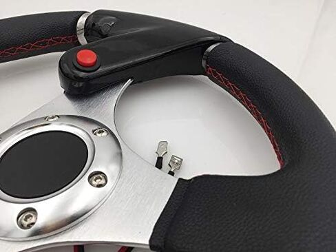 AJP Distributors Universal 6 Bolt Hole 320mm Pvc Leather Red Stitching Silver Center Black Steering Wheel Nos Nitrous Button + Blank Horn in Saudi Arabia