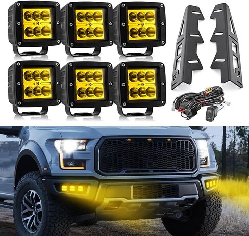 Wsays 6 x Amber LED Cube Fog light Pod & Hidden Bumper Mounting Bracket w/Rocker Switch Wiring Kit Compatible with Ford F150 Raptor 2017-2020 in Saudi Arabia